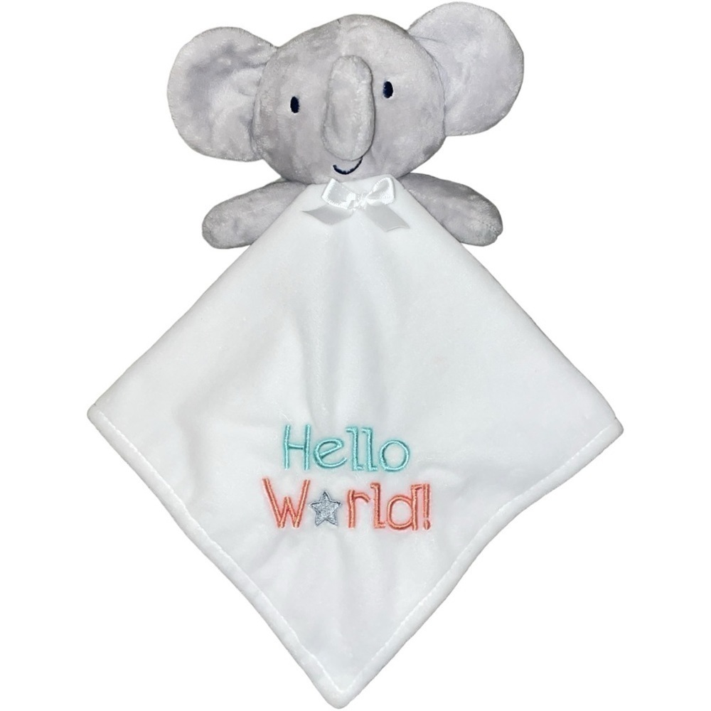 Little Me Unisex Infant Hello World Lovey Rattle Elephant Satin Back White Gray